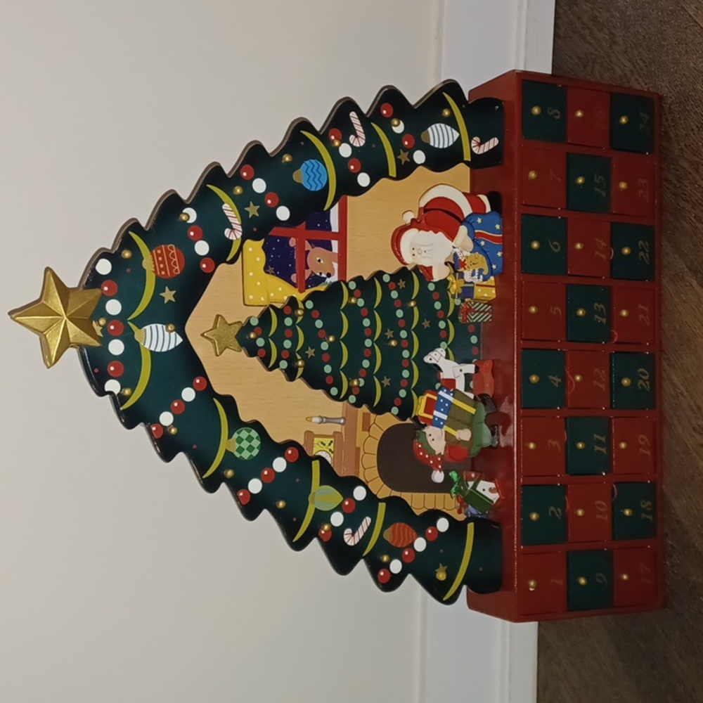 Wooden Advent Calendar With 23 Hanging Ornaments 15" x 18.5" in Original Box